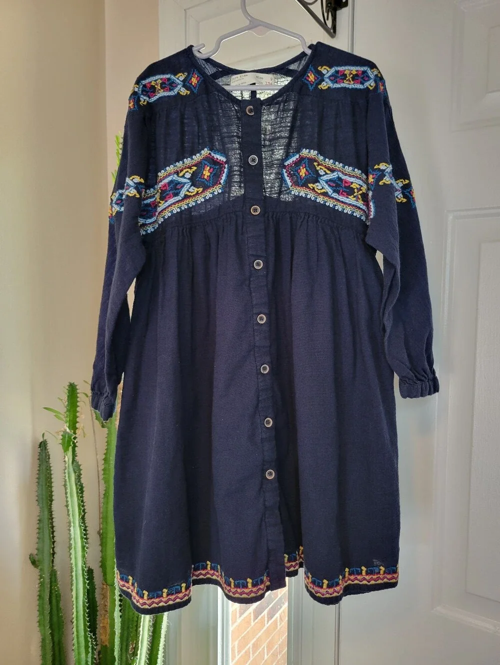 Zara Kids Bohemian Embroidered Floral Navy Blue Cotton Dress, Size 9 Kids